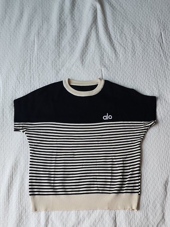 ALO Yoga Sweaters - Alo Yoga Tennis Club Striped Knit Pullover Sweater Black Ivory
